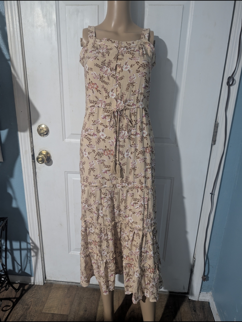 Sunday Mi Amor Beige Floral Tie-Waist Sundress - Women's Sleeveless Maxi